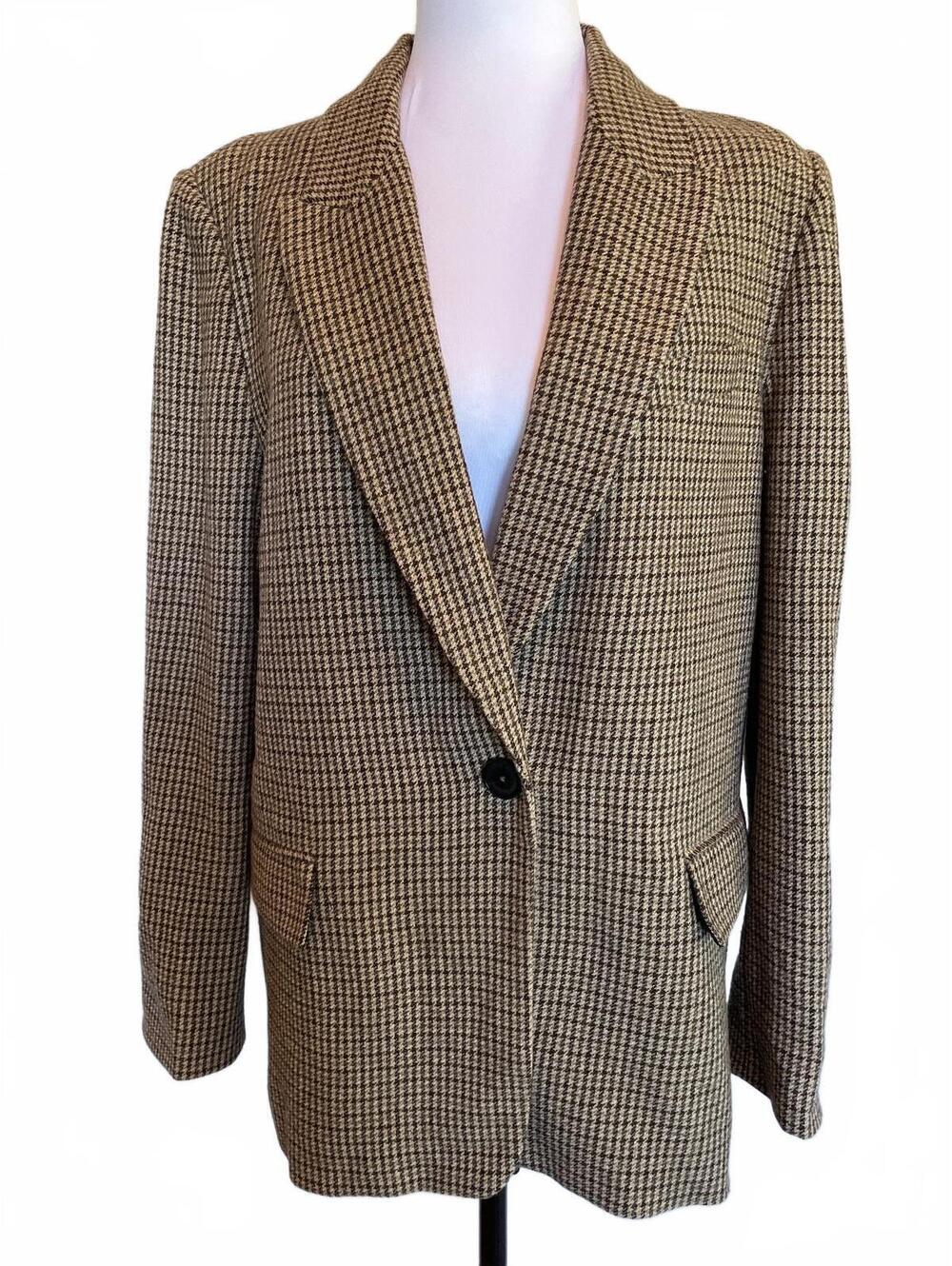 Zara Houndstooth Blazer Women L Brown Beige Dark Academia Professor Elbow Patch